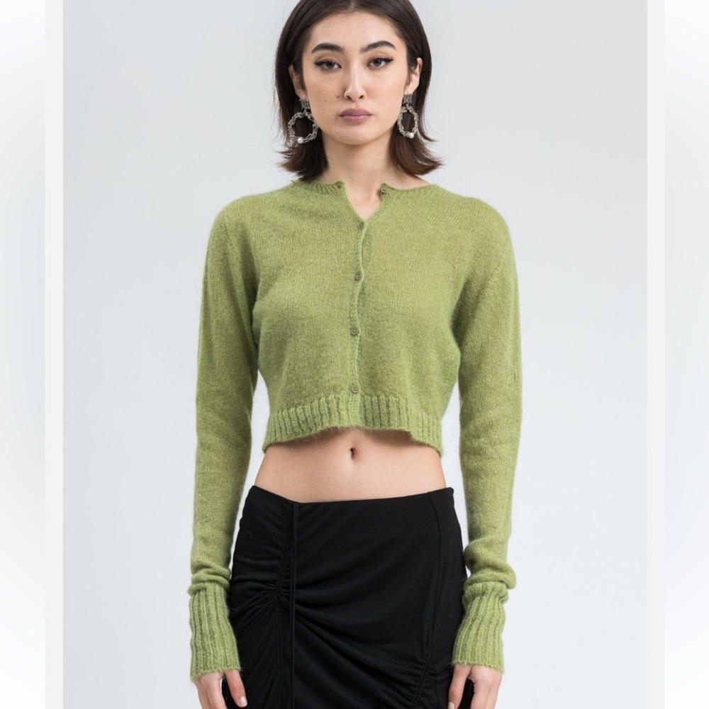Danielle Guizio Green Mohair Ribbed Cardigan
